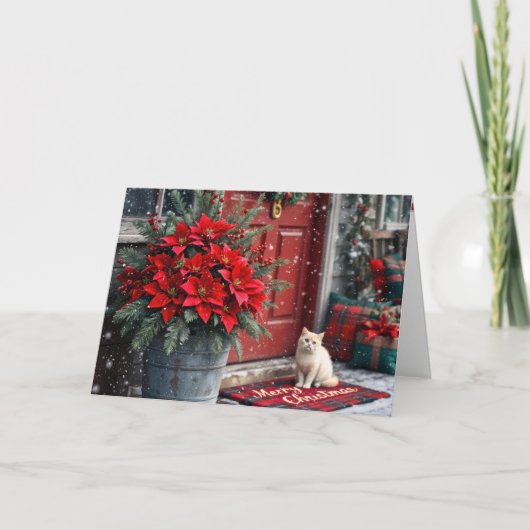 Christmas Poinsettias and White Cat On Doormat Feestdagen Kaart (Voorkant)