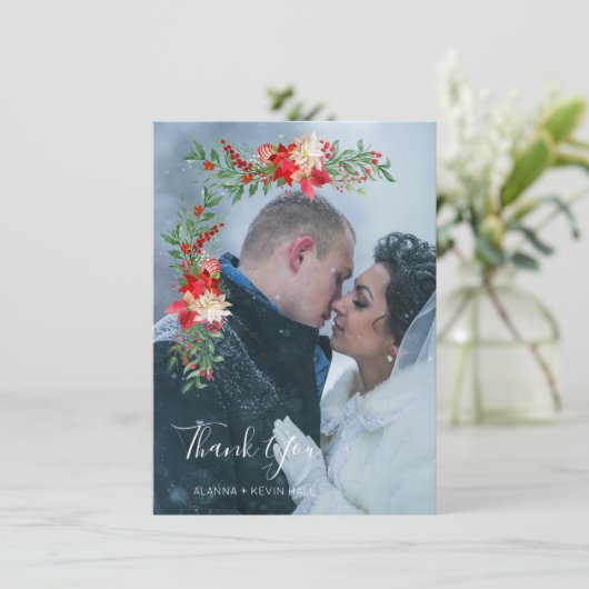 Christmas Poinsettias Flowers & Branches Photo Bedankkaart (Staand voorkant)