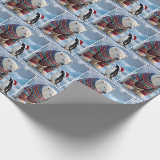 Christmas Polar Bear and Penguin On a Glacier Cadeaupapier (Hoek)