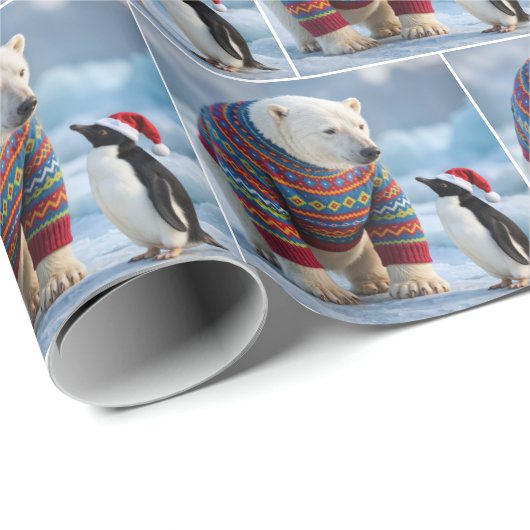 Christmas Polar Bear and Penguin On a Glacier Cadeaupapier (Rol Hoek)