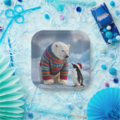 Christmas Polar Bear and Penguin On a Glacier Papieren Bordje (Feest)