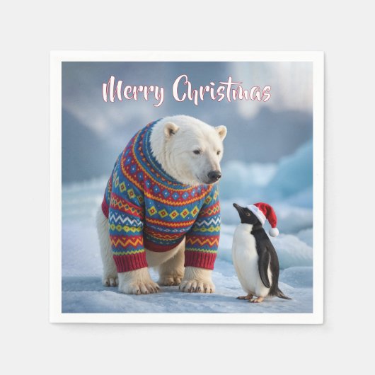 Christmas Polar Bear and Penguin On a Glacier Servet (Voorkant)