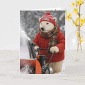Christmas Polar Bear Pushing a Snowblower Kaart (Gele Bloem)