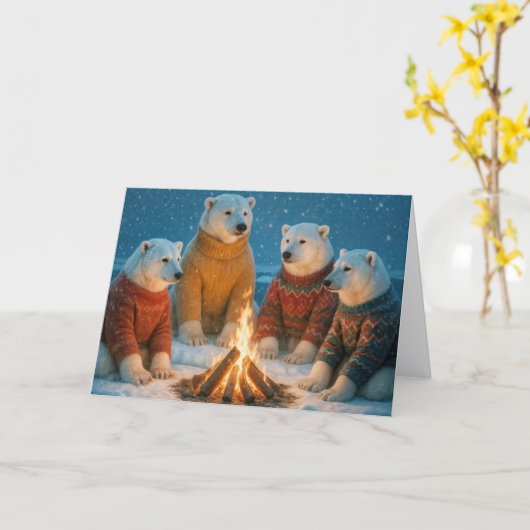 Christmas Polar Bears Around a Bonfire Kaart (Gele Bloem)