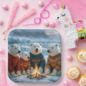 Christmas Polar Bears Around a Bonfire Papieren Bordje (Feest)
