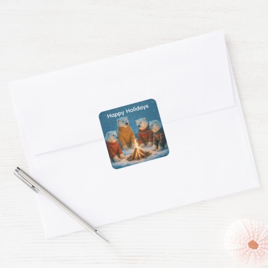 Christmas Polar Bears Around a Bonfire Vierkante Sticker (Envelop)