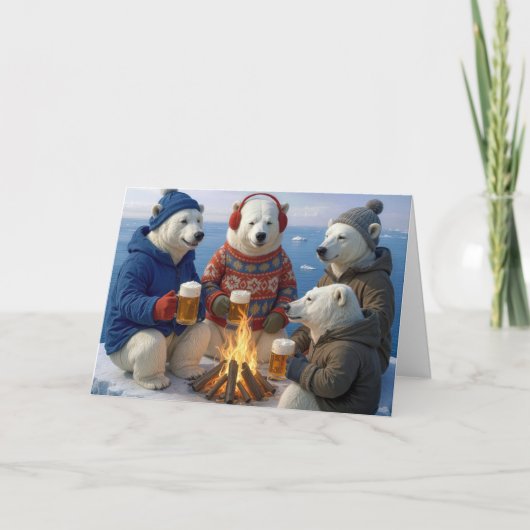 Christmas Polar Bears Drinking Around a Campfire Feestdagen Kaart (Voorkant)