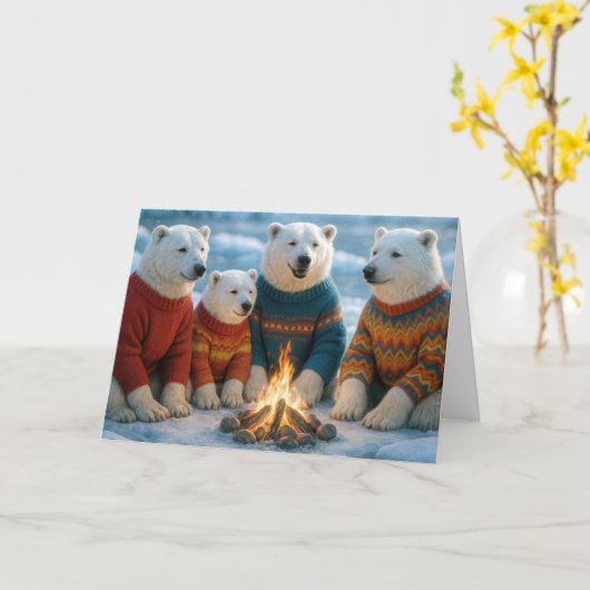 Christmas Polar Bears Gathering Around a Bonfire Kaart (Gele Bloem)