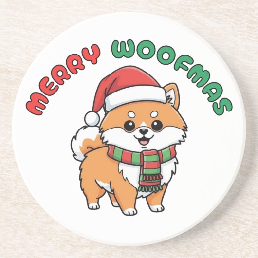 Christmas Pomeranian Coaster: Merry Woofmas Zandsteen Onderzetter (Voorkant)
