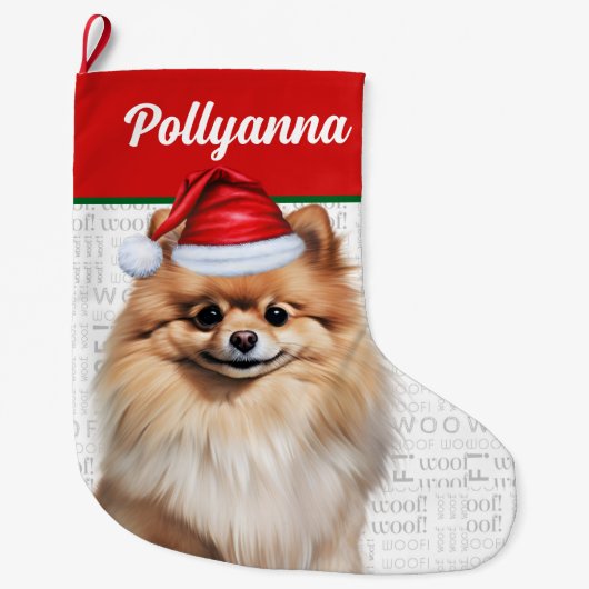 Christmas Pomeranian Dog with Name Woof Grote Kerstsok (Voorkant)