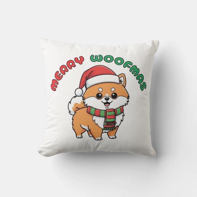 Christmas Pomeranian Pillow: Merry Woofmas Kussen (Voorkant)