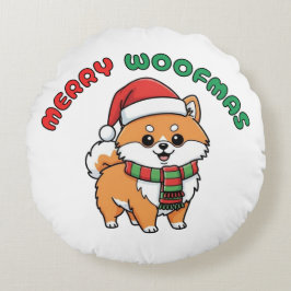 Christmas Pomeranian Round Pillow: Merry Woofmas Rond Kussen
