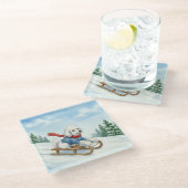 Christmas Poodle Sledding, Glass Coaster Glazen Onderzetter (Schuin)