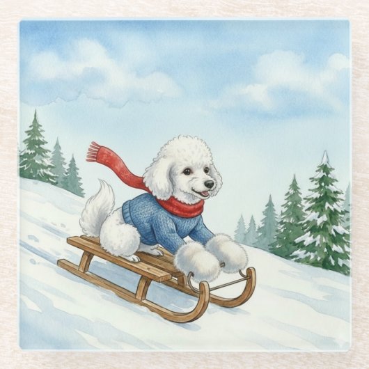 Christmas Poodle Sledding, Glass Coaster Glazen Onderzetter (Voorkant)