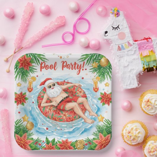 Christmas Pool Party with Santa Claus Papieren Bordje (Feest)