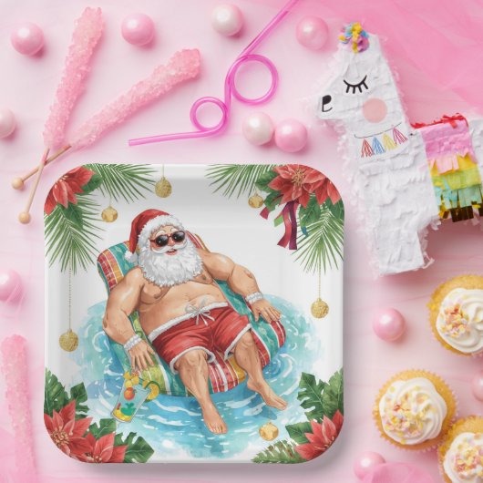 Christmas Pool Party with Santa Claus Papieren Bordje (Feest)