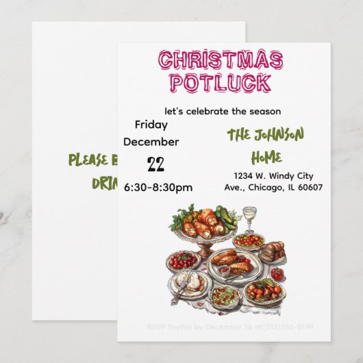 Christmas Potluck Invitation Kaart (Voorkant / Achterkant)