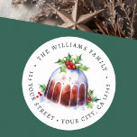 Christmas pudding waterverf retouradres ronde sticker<br><div class="desc">Retouradres rubberen label met een prachtig waterverf schilderij van een kerstpudding,  en jouw naam en adres boven en onder.</div>