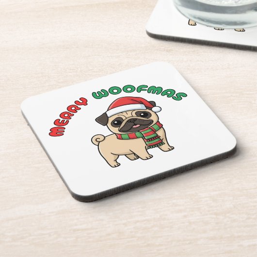 Christmas Pug Coaster: Merry Woofmas Bier Onderzetter (Linkerzijde)