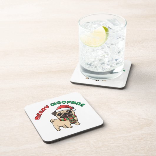 Christmas Pug Coaster: Merry Woofmas Bier Onderzetter (Rechterzijde)