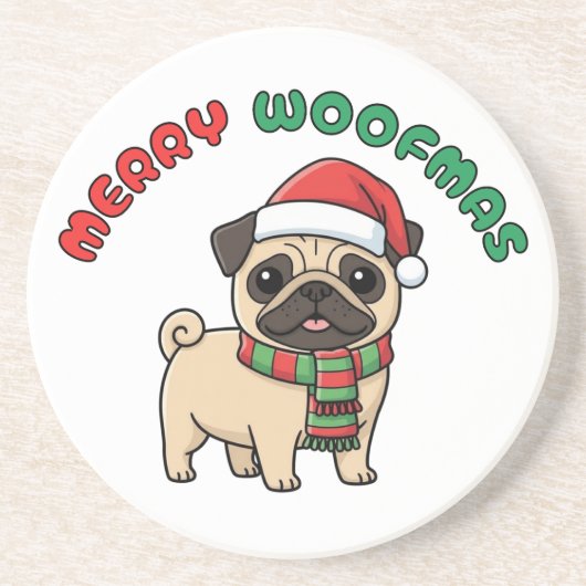 Christmas Pug Coaster: Merry Woofmas Zandsteen Onderzetter (Voorkant)