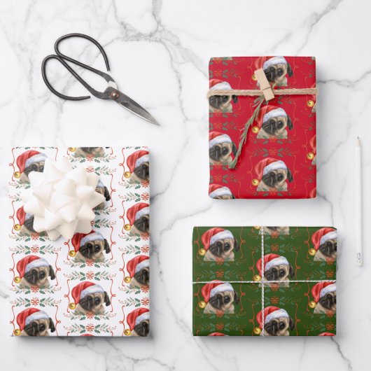 Christmas Pug Dog Pattern Inpakpapier Vel (Voorkant)