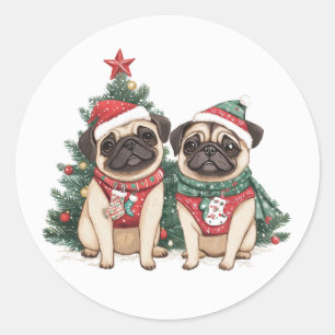 Christmas Pug Dogs Ronde Sticker