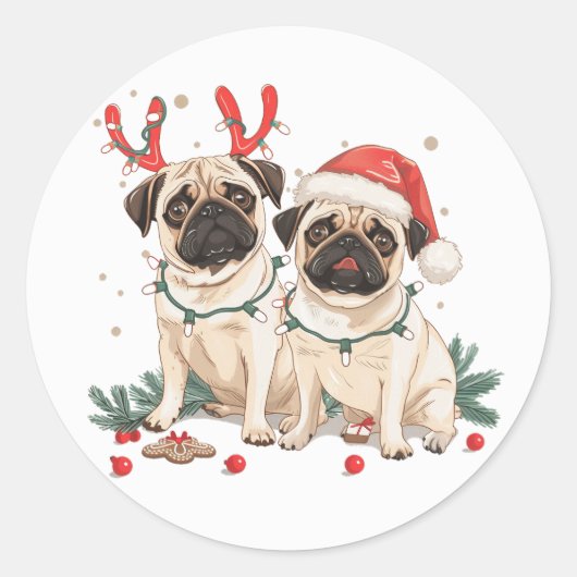 Christmas Pug Dogs Ronde Sticker (Voorkant)