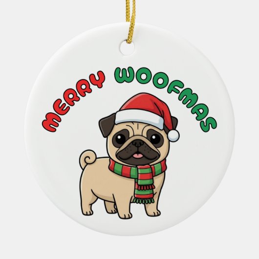 Christmas Pug Ornament: Merry Woofmas Keramisch Ornament (Voorkant)