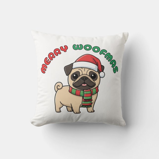 Christmas Pug Pillow: Merry Woofmas Kussen (Voorkant)