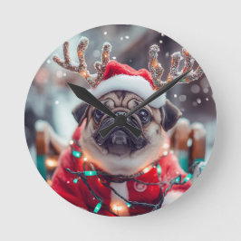 Christmas Pug Wall Clock with Reindeer Antlers - F Ronde Klok