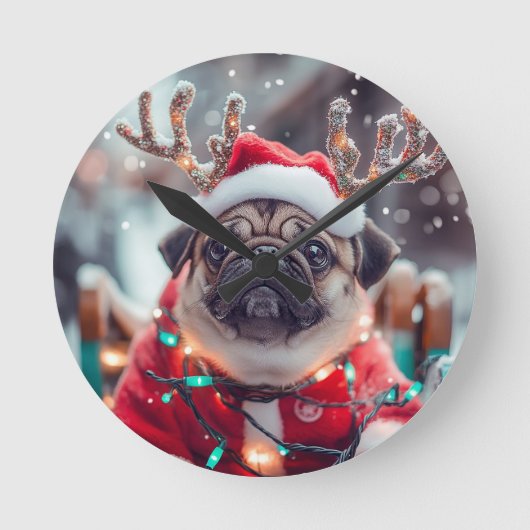 Christmas Pug Wall Clock with Reindeer Antlers - F Ronde Klok (Voorkant)
