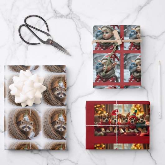 Christmas puppies, raccoon, Elf Inpakpapier Vel (Voorkant)