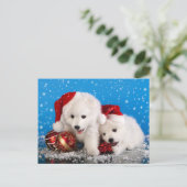Christmas Puppies White Pomeranian Spitz Feestdagenkaart (Staand voorkant)