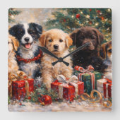Christmas Puppies with Gifts Under Decorated Tree Vierkante Klok (Voorkant)