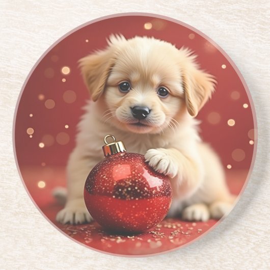 Christmas Puppy Coaster Zandsteen Onderzetter (Voorkant)