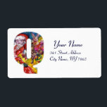 CHRISTMAS Q BRIEF / SANTA MET GIFTS MONOGRAM ETIKET<br><div class="desc">Q gewaagd alfabet letter initiaal design,  kleurrijk,  wit en artistiek acrylschilderij voor Kerstmis. Santa Claus,  sneeuwwinternacht met bloemige ornamenten,  groene decoratieve planten,  holly bessen,  paddenstoelen,  poppen en speelgoed in de sneeuw door Bulgan Lumini (c) com</div>