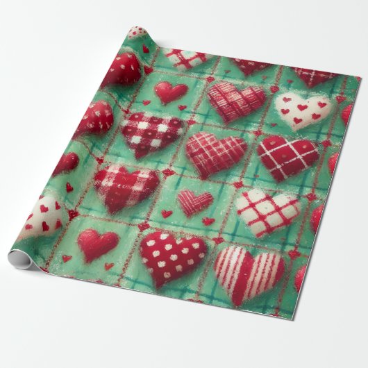 Christmas Quilted Hearts Green Red White  Cadeaupapier (Uitgerold)