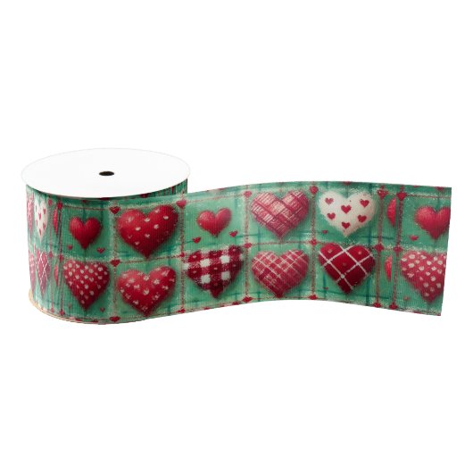 Christmas Quilted Hearts Green Red White  Grosgrain Lint (Spoel)