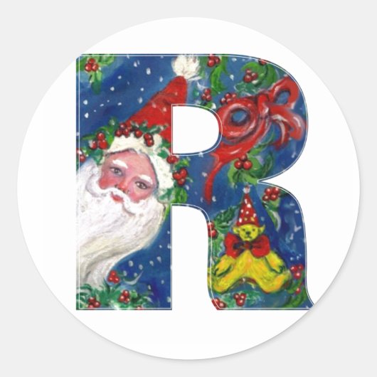 CHRISTMAS R BRIEF / SANTA CLAUS MET RODE RIBBON RONDE STICKER (Voorkant)