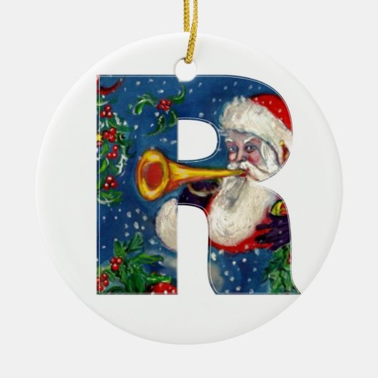 CHRISTMAS R LETTER/SANTA CLAUS BUGLER MONOGRAM KERAMISCH ORNAMENT (Voorkant)