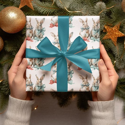 Christmas Rabbits with Bows Wrapping Paper Cadeaupapier