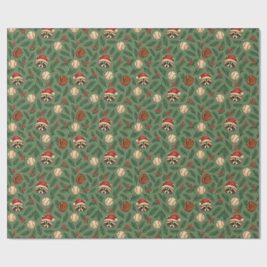 Christmas Raccoon Baseball Wrapping Paper Cadeaupapier (Vlak)