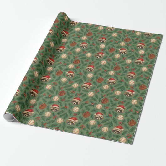 Christmas Raccoon Baseball Wrapping Paper Cadeaupapier (Uitgerold)