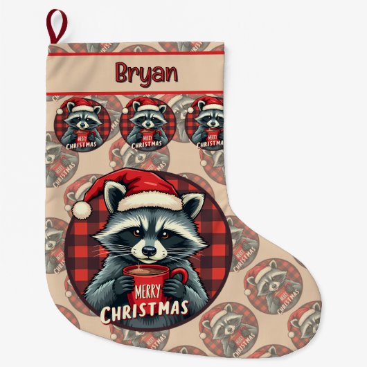 Christmas Raccoon Cocoa Cheer Grote Kerstsok (Voorkant)