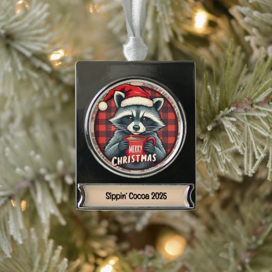 Christmas Raccoon Cocoa Cheer Verzilverd Banner Ornament (Boom)