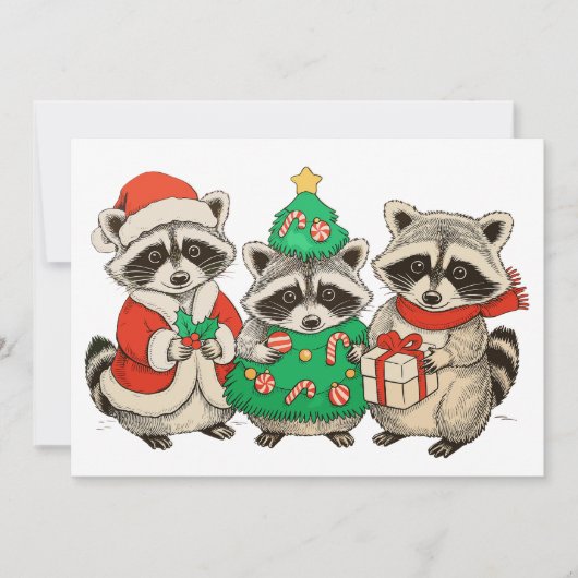 Christmas Raccoon Santa Hat Tree Xmas Lights Feestdagenkaart (Voorkant)