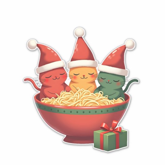 Christmas Ramen Cat Santa Anime Meow Kitty Meow Ca Sticker (Voorkant)
