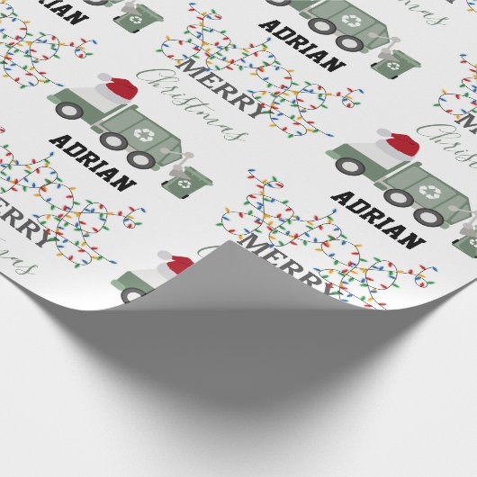 Christmas Recycling Garbage Truck Custom Name Cadeaupapier (Hoek)