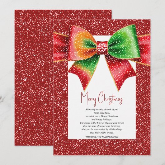 Christmas red and green bow and snowflakes feestdagenkaart (Voorkant / Achterkant)